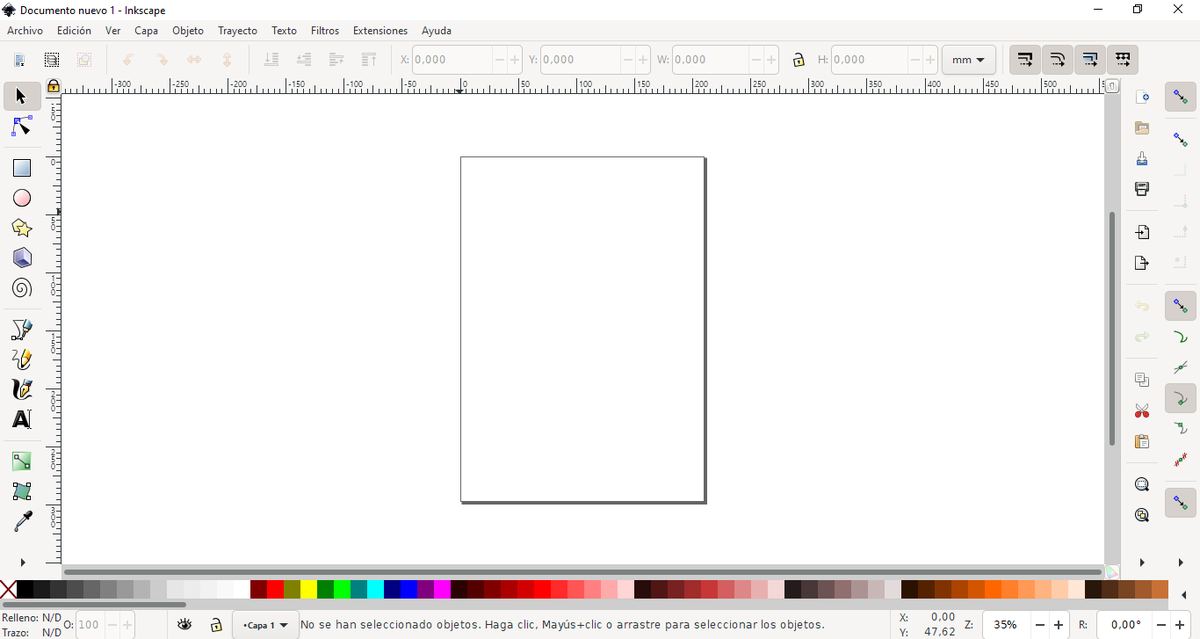 Programmfenster von Inkscape 1.0 mit leerem Dokument und Werkzeugleiste